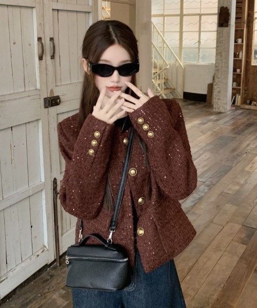 Teem Store（チームストア）の「ツイードノーカラージャケット（ノーカラージャケット・レディース・ブラック/ボルドー・M）」の7枚目の写真