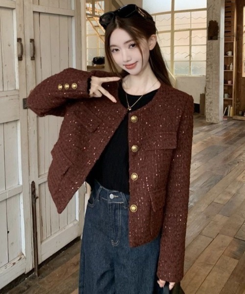 Teem Store（チームストア）の「ツイードノーカラージャケット（ノーカラージャケット・レディース・ブラック/ボルドー・M）」の6枚目の写真