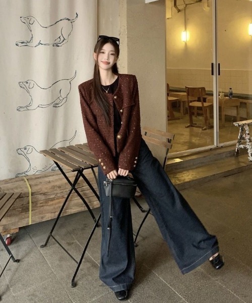 Teem Store（チームストア）の「ツイードノーカラージャケット（ノーカラージャケット・レディース・ブラック/ボルドー・M）」の5枚目の写真