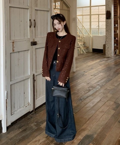 Teem Store（チームストア）の「ツイードノーカラージャケット（ノーカラージャケット・レディース・ブラック/ボルドー・M）」の4枚目の写真