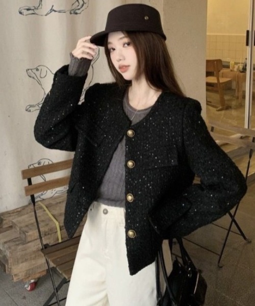 Teem Store（チームストア）の「ツイードノーカラージャケット（ノーカラージャケット・レディース・ブラック/ボルドー・M）」の12枚目の写真