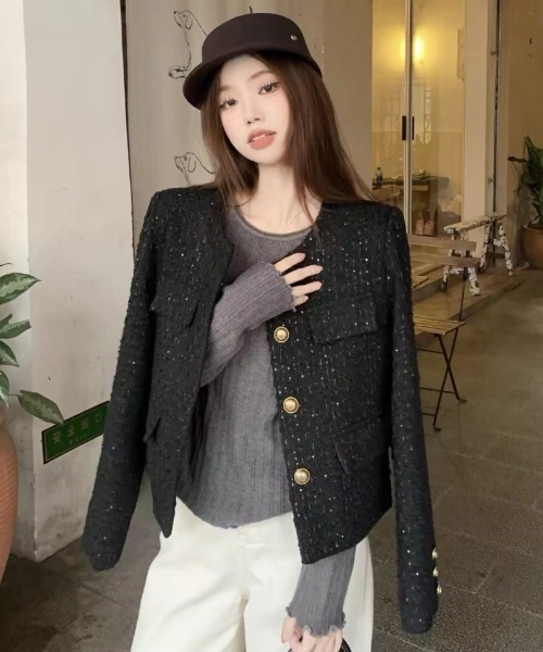 Teem Store（チームストア）の「ツイードノーカラージャケット（ノーカラージャケット・レディース・ブラック/ボルドー・M）」の20枚目の写真