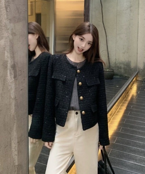 Teem Store（チームストア）の「ツイードノーカラージャケット（ノーカラージャケット・レディース・ブラック/ボルドー・M）」の19枚目の写真