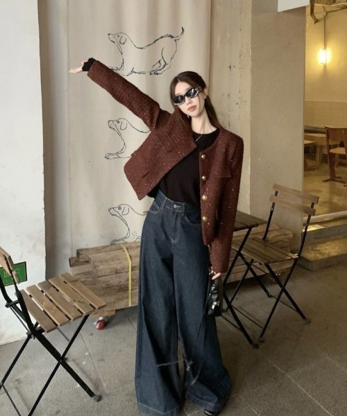 Teem Store（チームストア）の「ツイードノーカラージャケット（ノーカラージャケット・レディース・ブラック/ボルドー・M）」の17枚目の写真