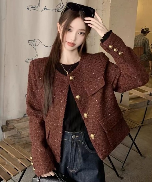 Teem Store（チームストア）の「ツイードノーカラージャケット（ノーカラージャケット・レディース・ブラック/ボルドー・M）」の16枚目の写真