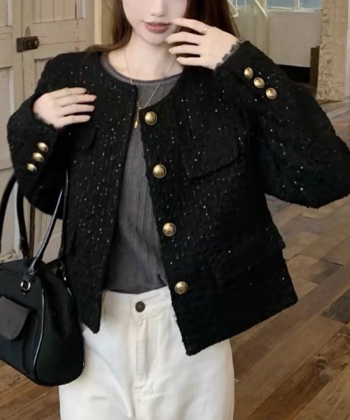 Teem Store（チームストア）の「ツイードノーカラージャケット（ノーカラージャケット・レディース・ブラック/ボルドー・M）」の15枚目の写真