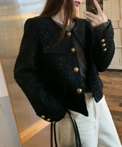 Teem Store（チームストア）の「ツイードノーカラージャケット（ノーカラージャケット・レディース・ブラック/ボルドー・M）」の14枚目の写真