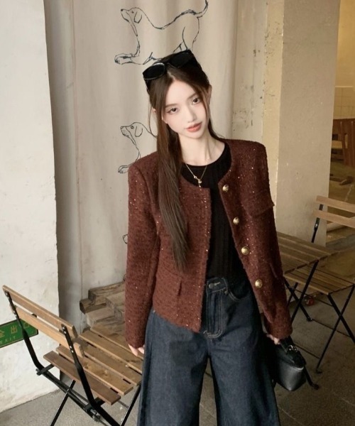 Teem Store（チームストア）の「ツイードノーカラージャケット（ノーカラージャケット・レディース・ブラック/ボルドー・M）」の13枚目の写真