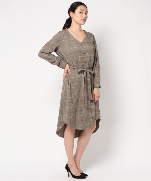 新品⭐︎BEARDSLEY シャツ ワンピースコート　グレンチェック LIVETART》カラーレスシャツワンピース（ワンピース）｜BEARDSLEY