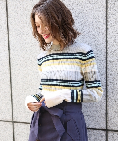 Heather(ヘザー)の「マルチボーダー*ケーブルニット 780897(ニット/セーター・レディース・ホワイト/ネイビー/グレー・FREE)」の2枚目の写真