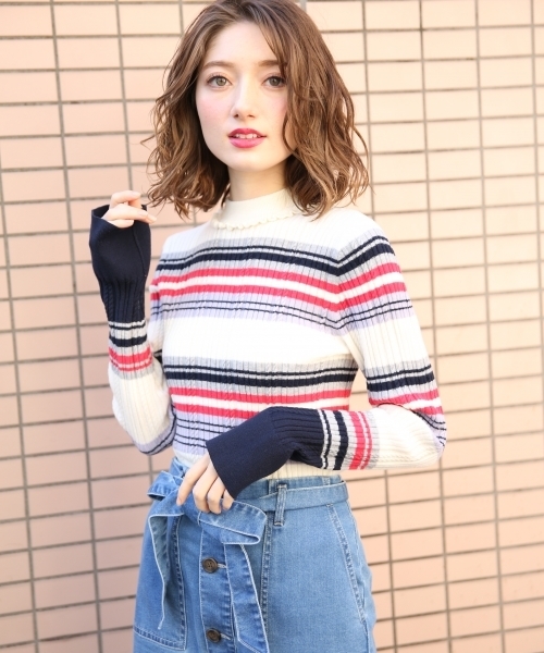Heather(ヘザー)の「マルチボーダー*ケーブルニット 780897(ニット/セーター・レディース・ホワイト/ネイビー/グレー・FREE)」の1枚目の写真