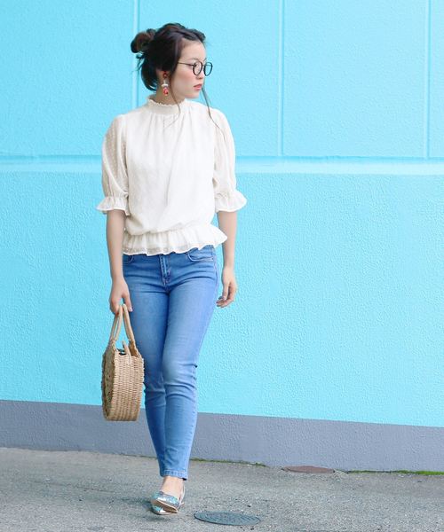 Reca レカ の キャンディースリーブ スタンドカラー シースルー ドット半袖シフォンブラウス シャツ ブラウス Wear