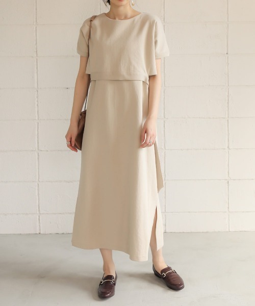 Bab（バブ）の「【WEB限定】サイドリボンレイヤードコットンワンピース/サイドスリット半袖カットTシャツワンピース（ワンピース・レディース・オフホワイト/チャコールグレー/ベージュ・FREE）」の3枚目の写真