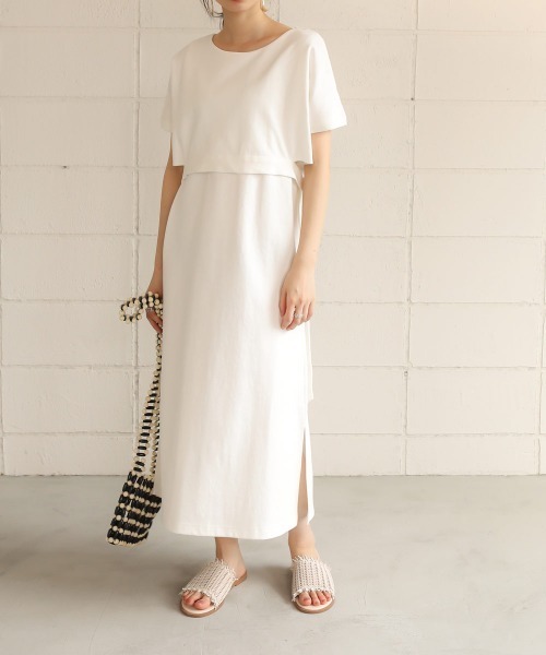 Bab（バブ）の「【WEB限定】サイドリボンレイヤードコットンワンピース/サイドスリット半袖カットTシャツワンピース（ワンピース・レディース・オフホワイト/チャコールグレー/ベージュ・FREE）」の4枚目の写真