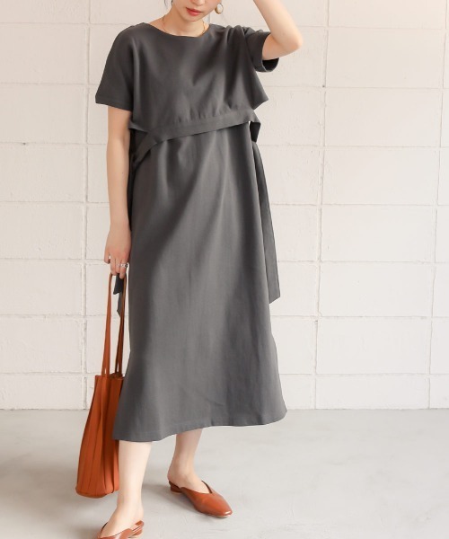 Bab（バブ）の「【WEB限定】サイドリボンレイヤードコットンワンピース/サイドスリット半袖カットTシャツワンピース（ワンピース・レディース・オフホワイト/チャコールグレー/ベージュ・FREE）」の9枚目の写真