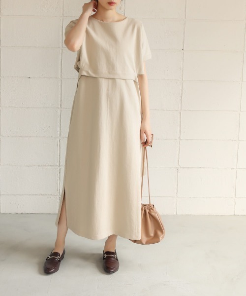 Bab（バブ）の「【WEB限定】サイドリボンレイヤードコットンワンピース/サイドスリット半袖カットTシャツワンピース（ワンピース・レディース・オフホワイト/チャコールグレー/ベージュ・FREE）」の14枚目の写真