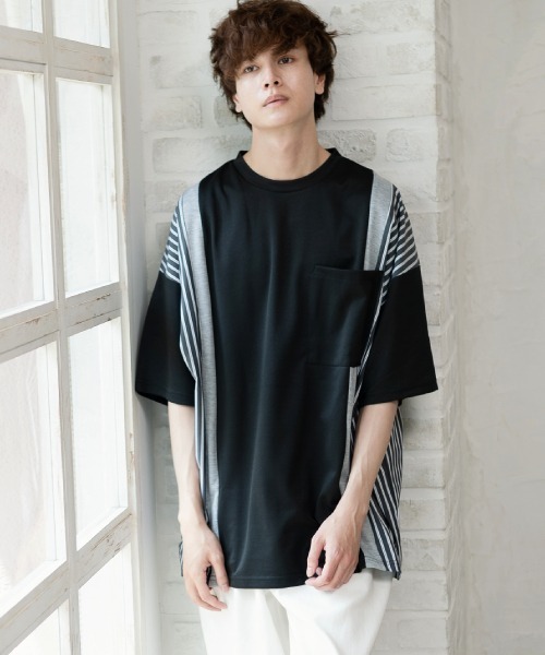 UP START(アップスタート)の「サイドストライプビッグTシャツ(Tシャツ/カットソー)」|ブラック