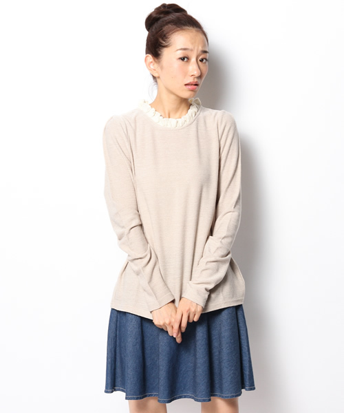 mystic（ミスティック）の「襟レースニットソープルオーバー（Tシャツ/カットソー・レディース・ベージュ/ピンクベージュ/ネイビー/ブラック・ﾌﾘ-）」の2枚目の写真