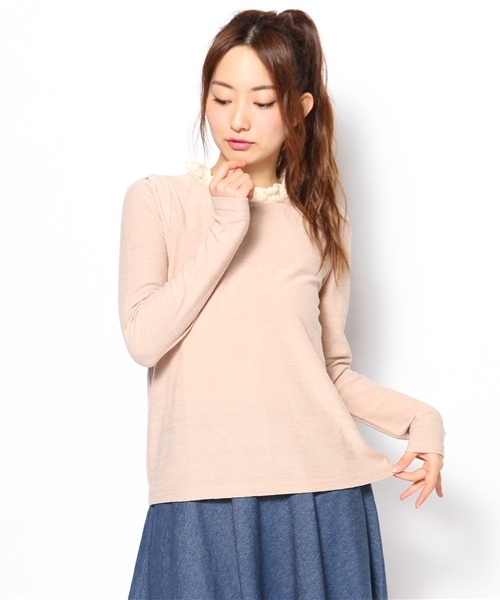 mystic（ミスティック）の「襟レースニットソープルオーバー（Tシャツ/カットソー・レディース・ベージュ/ピンクベージュ/ネイビー/ブラック・ﾌﾘ-）」の4枚目の写真