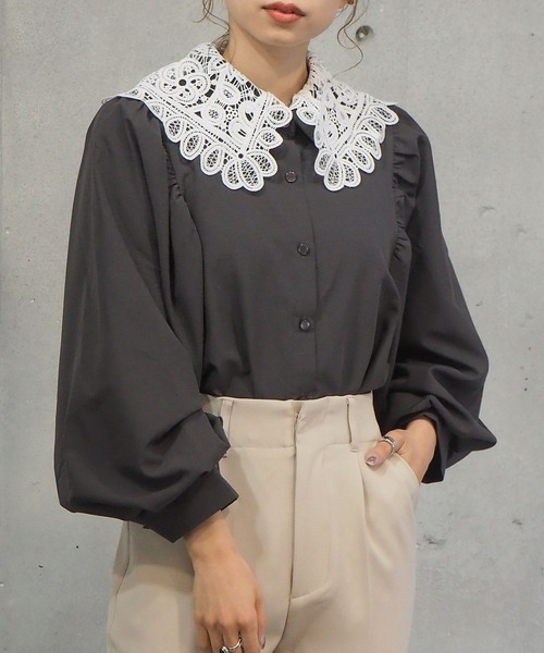 美品✨ティッカ 定価2.8万 半袖レースブラウス ブラック 前開き