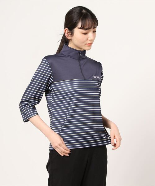 KANGOL SPORT(カンゴールスポーツ)の「【30】〔KANGOL SPORT/カンゴールスポーツ〕ハイネック DRYボーダー ハーフZIP7分袖プルオーバー(Tシャツ/カットソー・レディース・グレー/ネイビー/グリーン/ピンク・LARGE/MEDIUM/X-LARGE)」の4枚目の写真