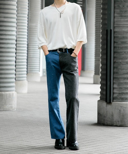 Adoon plain(アドーンプレーン)の「【Adoon plain】デニムバイカラーパンツ(デニムパンツ・メンズ・ブラック/インディゴブルー・SMALL/MEDIUM/LARGE)」の5枚目の写真