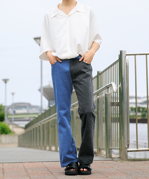 Adoon plain(アドーンプレーン)の「【Adoon plain】デニムバイカラーパンツ(デニムパンツ・メンズ・ブラック/インディゴブルー・SMALL/MEDIUM/LARGE)」の3枚目の写真