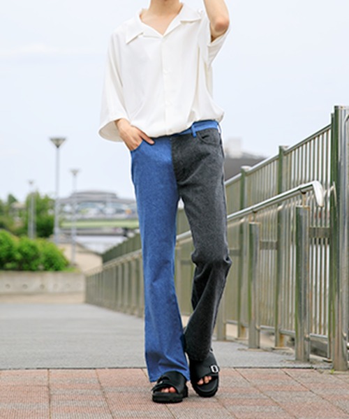 Adoon plain(アドーンプレーン)の「【Adoon plain】デニムバイカラーパンツ(デニムパンツ・メンズ・ブラック/インディゴブルー・SMALL/MEDIUM/LARGE)」の4枚目の写真