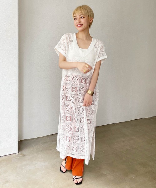 Shelly island（シェリーアイランド）の「前後2WAYタイルレースロングワンピース（ワンピース・レディース・ホワイト/ブラック・FREE）」の6枚目の写真