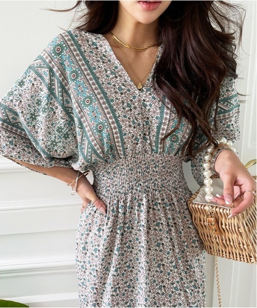 NANING9（ナンニング）の「NANING9 エスニックフラワーワンピース（ワンピース・レディース・グリーン/バイオレット・FREE）」の4枚目の写真