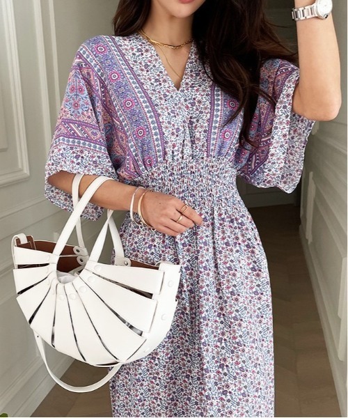 NANING9（ナンニング）の「NANING9 エスニックフラワーワンピース（ワンピース・レディース・グリーン/バイオレット・FREE）」の5枚目の写真