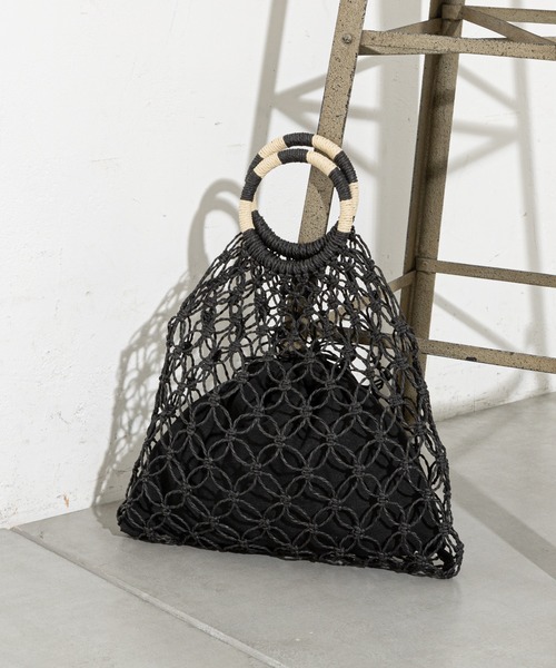 prose verse（プロズヴェール）の「手編みマクラメバッグ（トートバッグ・レディース・アイボリー/ブラック・ﾌﾘ-）」の2枚目の写真