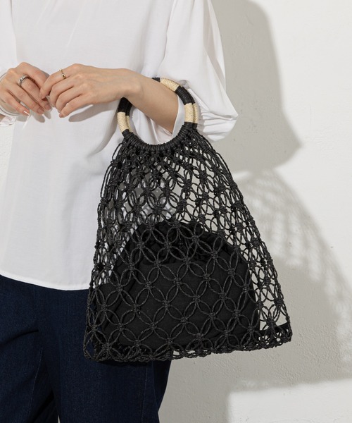 prose verse（プロズヴェール）の「手編みマクラメバッグ（トートバッグ・レディース・アイボリー/ブラック・ﾌﾘ-）」の18枚目の写真