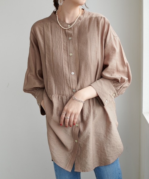 DISCOAT（ディスコート）の「テンセルナイロンピンタックバンドカラーシャツ（シャツ/ブラウス・レディース・モカ/ホワイト系その他/ベビーピンク・FREE）」の3枚目の写真