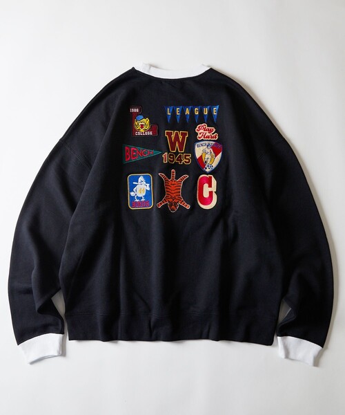 FREAK'S STORE（フリークスストア）の「WEB限定 ビッグシルエット バック刺繍 ランダムワッペンデザイン クルーネック リンガースウェット（スウェット・メンズ・ホワイト/ブラック/ダークグリーン/グレー・SMALL/MEDIUM/LARGE）」の3枚目の写真