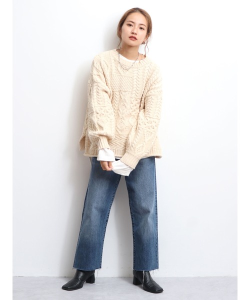 Ungrid（アングリッド）の「【WEB限定】パッチワークケーブルニット（ニット/セーター・レディース・アイボリー/モカ/オレンジ/ミント/ブラック・FREE）」の14枚目の写真