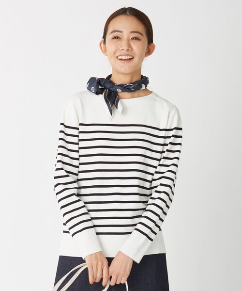 J.PRESS(ジェイプレス)の「【洗える】KATE パネルボーダー ボートネック ニット(ニット/セーター・レディース・ホワイト系1/ネイビー系1/ふじ色系1・MEDIUM/LARGE)」の1枚目の写真