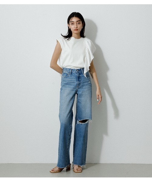 AZUL by moussy（アズールバイマウジー）の「ASYMMETRY FRILL TOPS/アシメトリーフリルトップス（シャツ/ブラウス・レディース・ホワイト/グリーン/イエロー/ブラック・MEDIUM/SMALL）」の9枚目の写真