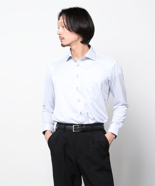 Perfect Suit FActory（パーフェクトスーツファクトリー）の「【完全ノーアイロン】長袖アイシャツ　スタンダード　サックス（ビジネスシャツ・メンズ・サックスブルー・首回り39cm-裄丈80cm/首回り41cm-裄丈84cm/首回り39cm-裄丈82cm/首回り43cm-裄丈86cm/首回り45cm-裄丈86cm/首回り41cm-裄丈82cm/首回り37cm-裄丈80cm）」の2枚目の写真