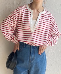 ビッグシルエット深Vネックボーダー長袖プルオーバーロングTシャツ