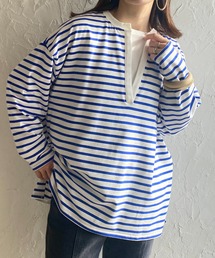 She's Closet（シーズクローゼット）の「ビッグシルエット深Vネックボーダー長袖プルオーバーロングTシャツ（Tシャツ/カットソー）」