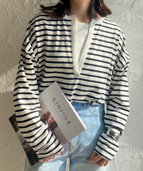 She's Closet(シーズクローゼット)の「ビッグシルエット深Vネックボーダー長袖プルオーバーロングTシャツ(Tシャツ/カットソー・レディース・ブラック/オレンジ/ブルー/グリーン/レッド・FREE)」の2枚目の写真