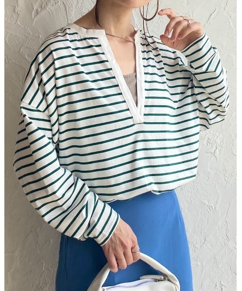 She's Closet(シーズクローゼット)の「ビッグシルエット深Vネックボーダー長袖プルオーバーロングTシャツ(Tシャツ/カットソー・レディース・ブラック/オレンジ/ブルー/グリーン/レッド・FREE)」の13枚目の写真