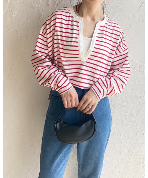 She's Closet(シーズクローゼット)の「ビッグシルエット深Vネックボーダー長袖プルオーバーロングTシャツ(Tシャツ/カットソー・レディース・ブラック/オレンジ/ブルー/グリーン/レッド・FREE)」の15枚目の写真