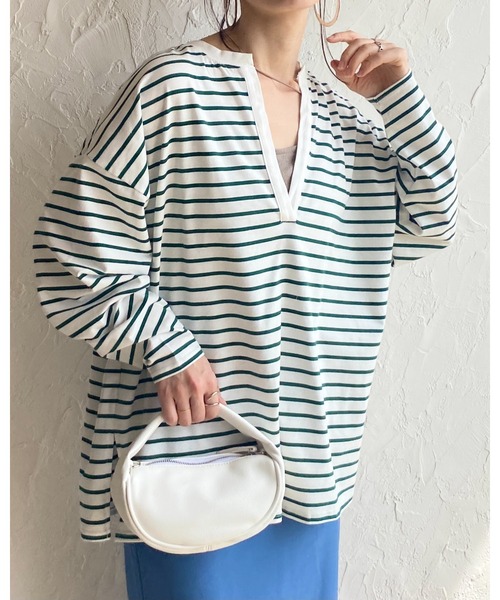 She's Closet(シーズクローゼット)の「ビッグシルエット深Vネックボーダー長袖プルオーバーロングTシャツ(Tシャツ/カットソー・レディース・ブラック/オレンジ/ブルー/グリーン/レッド・FREE)」の16枚目の写真