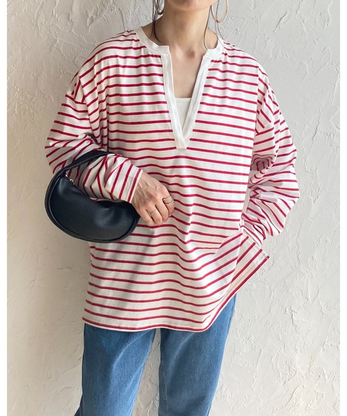 She's Closet(シーズクローゼット)の「ビッグシルエット深Vネックボーダー長袖プルオーバーロングTシャツ(Tシャツ/カットソー・レディース・ブラック/オレンジ/ブルー/グリーン/レッド・FREE)」の8枚目の写真