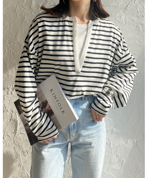 She's Closet(シーズクローゼット)の「ビッグシルエット深Vネックボーダー長袖プルオーバーロングTシャツ(Tシャツ/カットソー・レディース・ブラック/オレンジ/ブルー/グリーン/レッド・FREE)」の7枚目の写真
