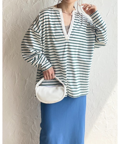 She's Closet(シーズクローゼット)の「ビッグシルエット深Vネックボーダー長袖プルオーバーロングTシャツ(Tシャツ/カットソー・レディース・ブラック/オレンジ/ブルー/グリーン/レッド・FREE)」の20枚目の写真