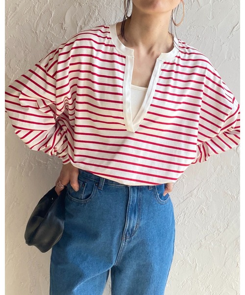 She's Closet(シーズクローゼット)の「ビッグシルエット深Vネックボーダー長袖プルオーバーロングTシャツ(Tシャツ/カットソー・レディース・ブラック/オレンジ/ブルー/グリーン/レッド・FREE)」の18枚目の写真