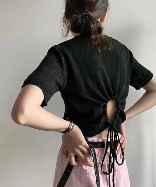 MANGROVE（マングローブ）の「カットアウトクロップドニットトップス（Tシャツ/カットソー・レディース・ホワイト/ライトブルー/ブラック/ピンク/グリーン・FREE）」の3枚目の写真